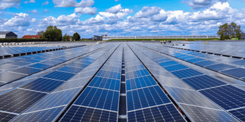 Workers mounting solar panels at a solar panel farm.